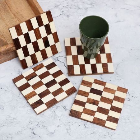 White and Brown Handcrafted Wooden Coasters - Pack of 4